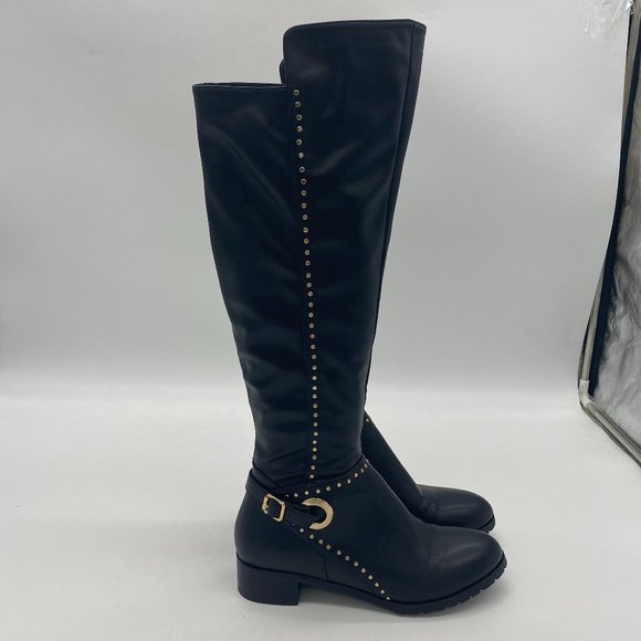 Black Round Toe Pull On Studs Low Stacked Heel Knee High Boots - Picture 4 of 10